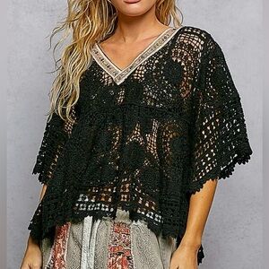 NEW POL Drop 3/16: “The Marissa” Black Crochet V-Neck Boho Top